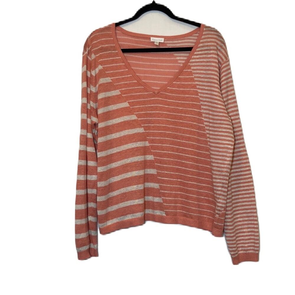 Garnet Hill Relaxed Linen V-neck Sweater M Rose Stripe Coral Sweater Size XL